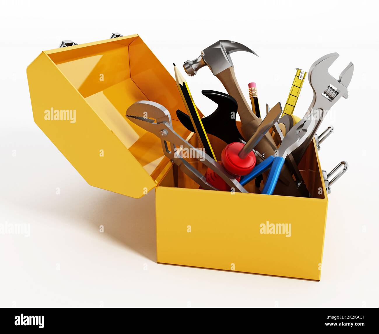 Gelber Werkzeugkasten mit Handwerkzeugen. 3D Abbildung Stockfoto