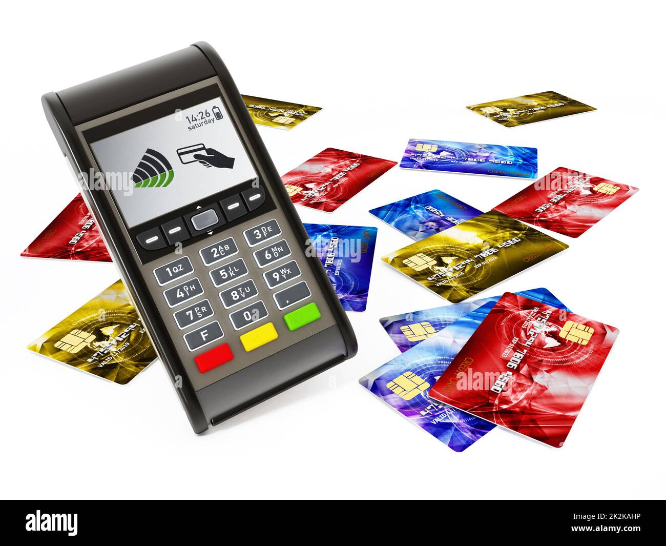 POS-Gerät und Kreditkarten isoliert auf weißem Hintergrund. 3D Abbildung Stockfoto