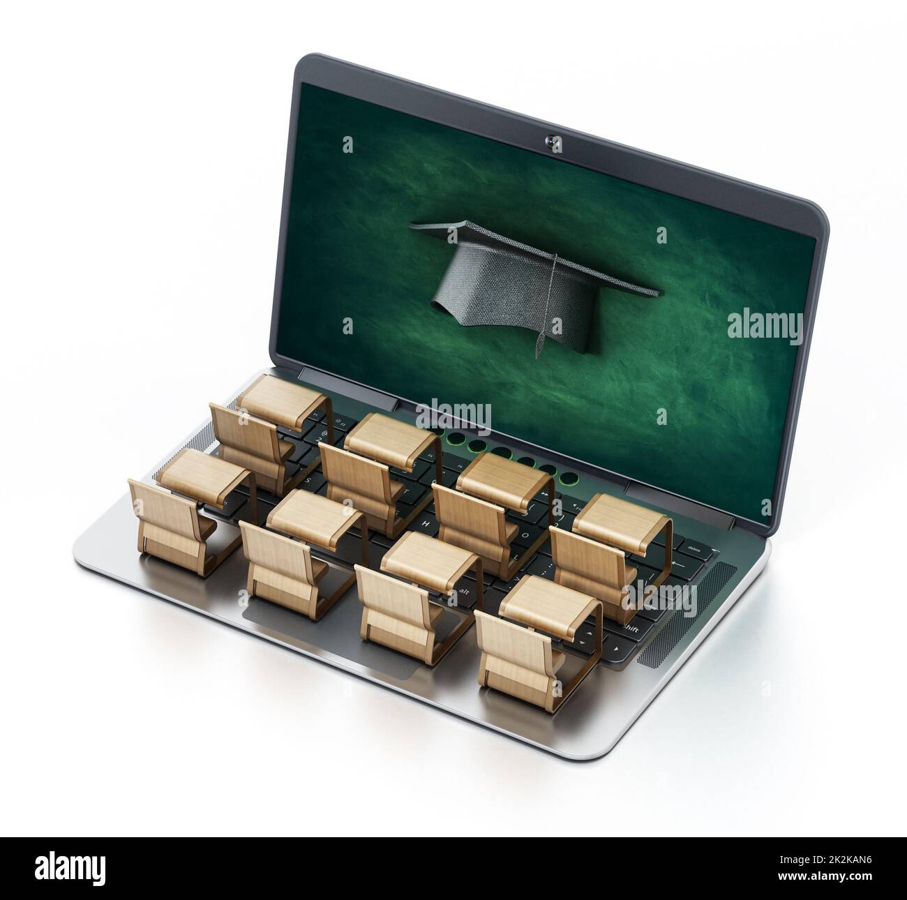 Schülerschreibtische auf Laptop-Computer-Tastatur. 3D Abbildung Stockfoto