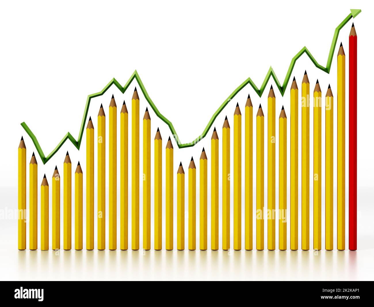 Die gelben aufsteigenden Bleistifte stehen für Geschäftserfolg Stockfoto