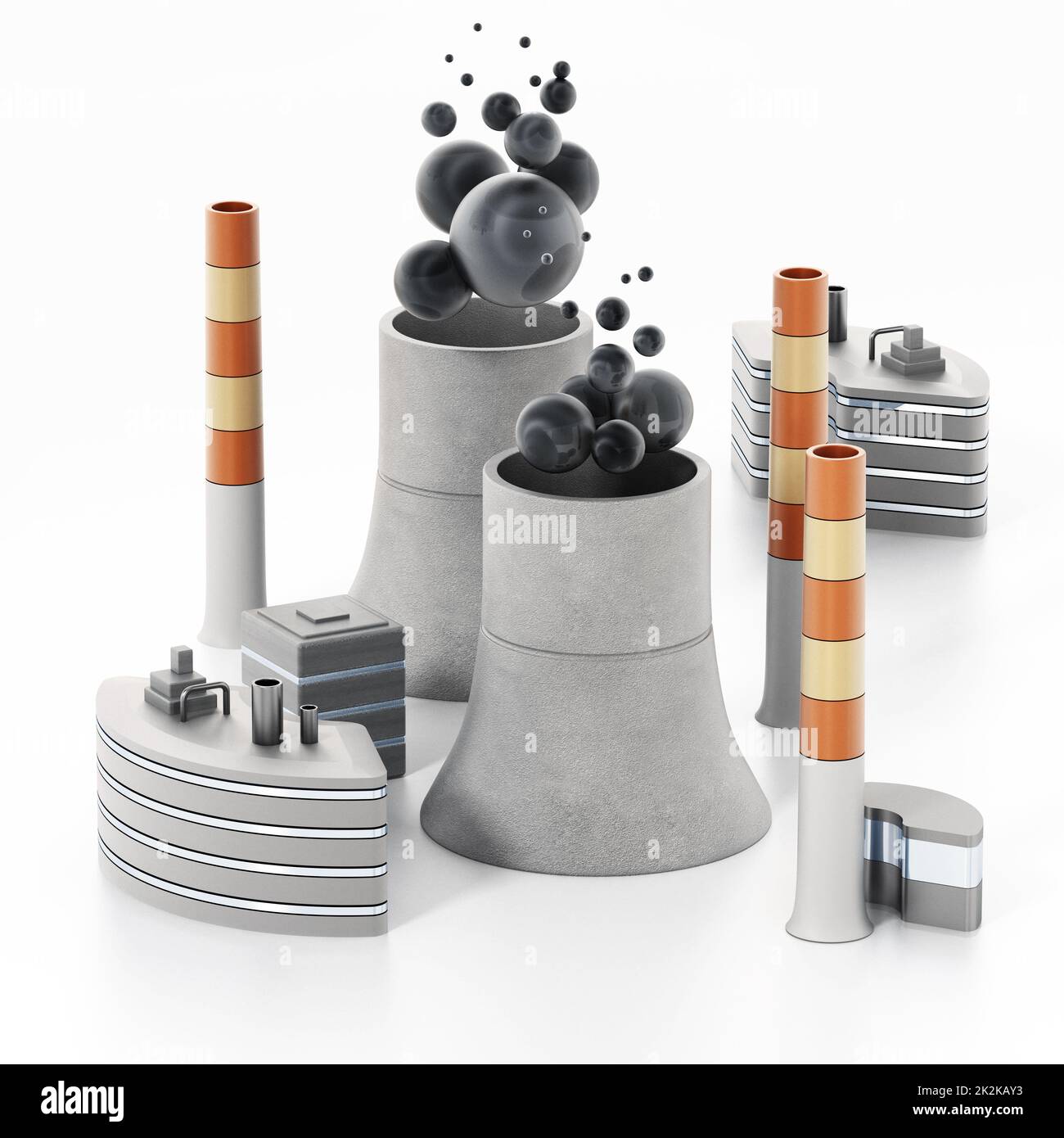 Kernkraftwerk isoliert auf weißem Hintergrund. 3D Abbildung Stockfoto