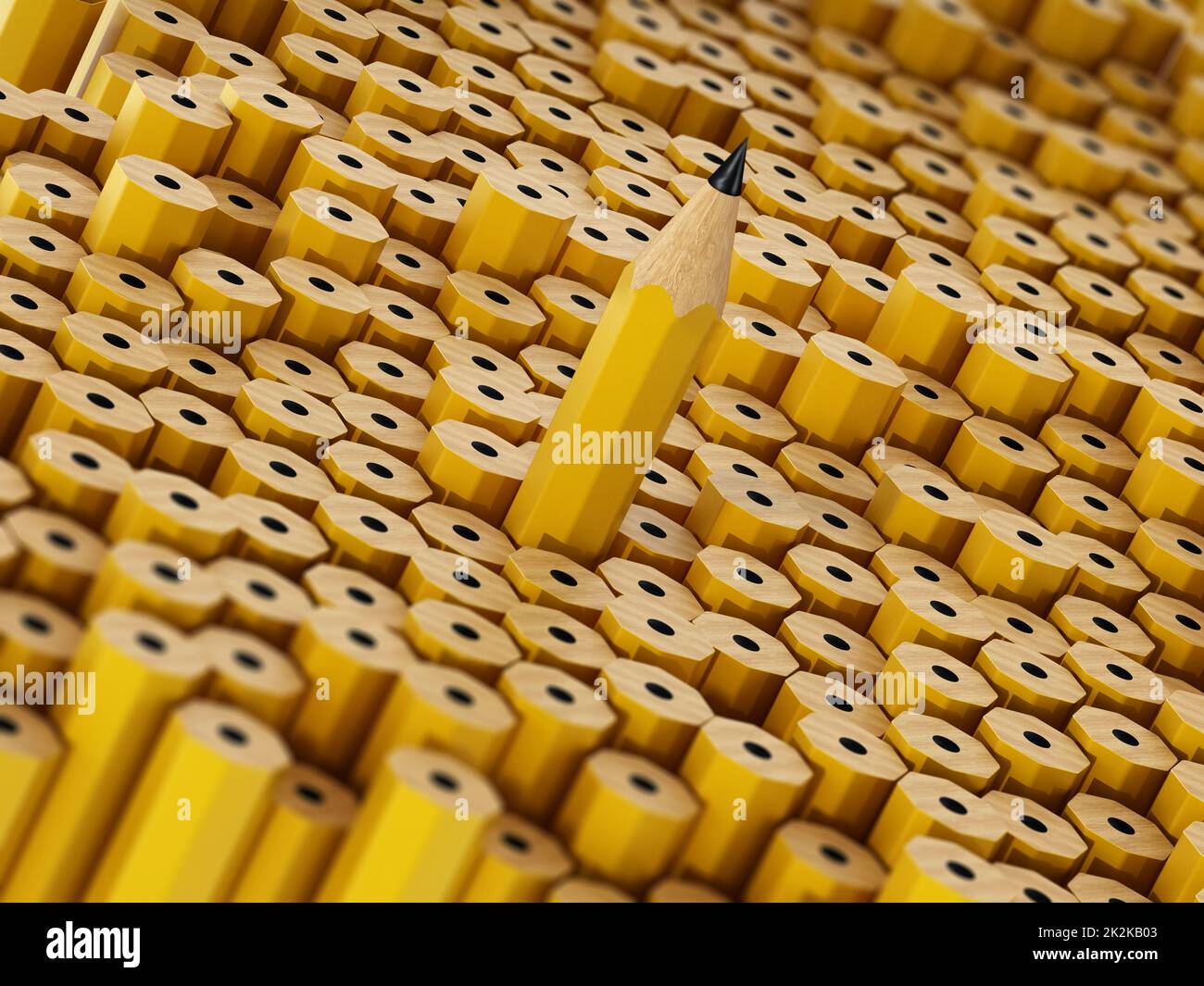 Der Bleistift steht unter den anderen in entgegengesetzter Richtung. 3D Abbildung Stockfoto