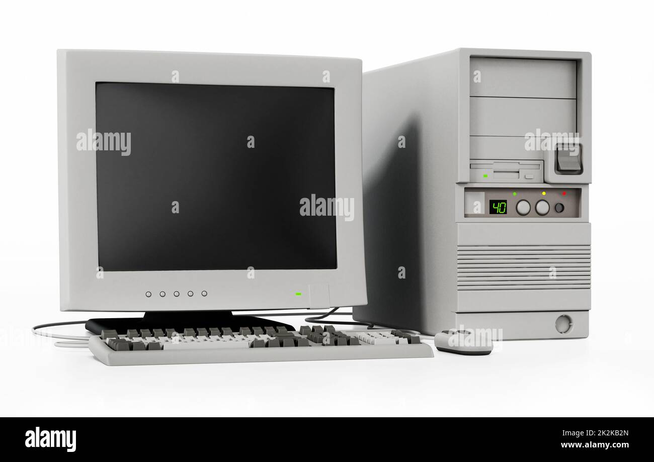 Generischer Computer im Stil der 90er Jahre, isoliert auf Weiß. 3D Abbildung Stockfoto
