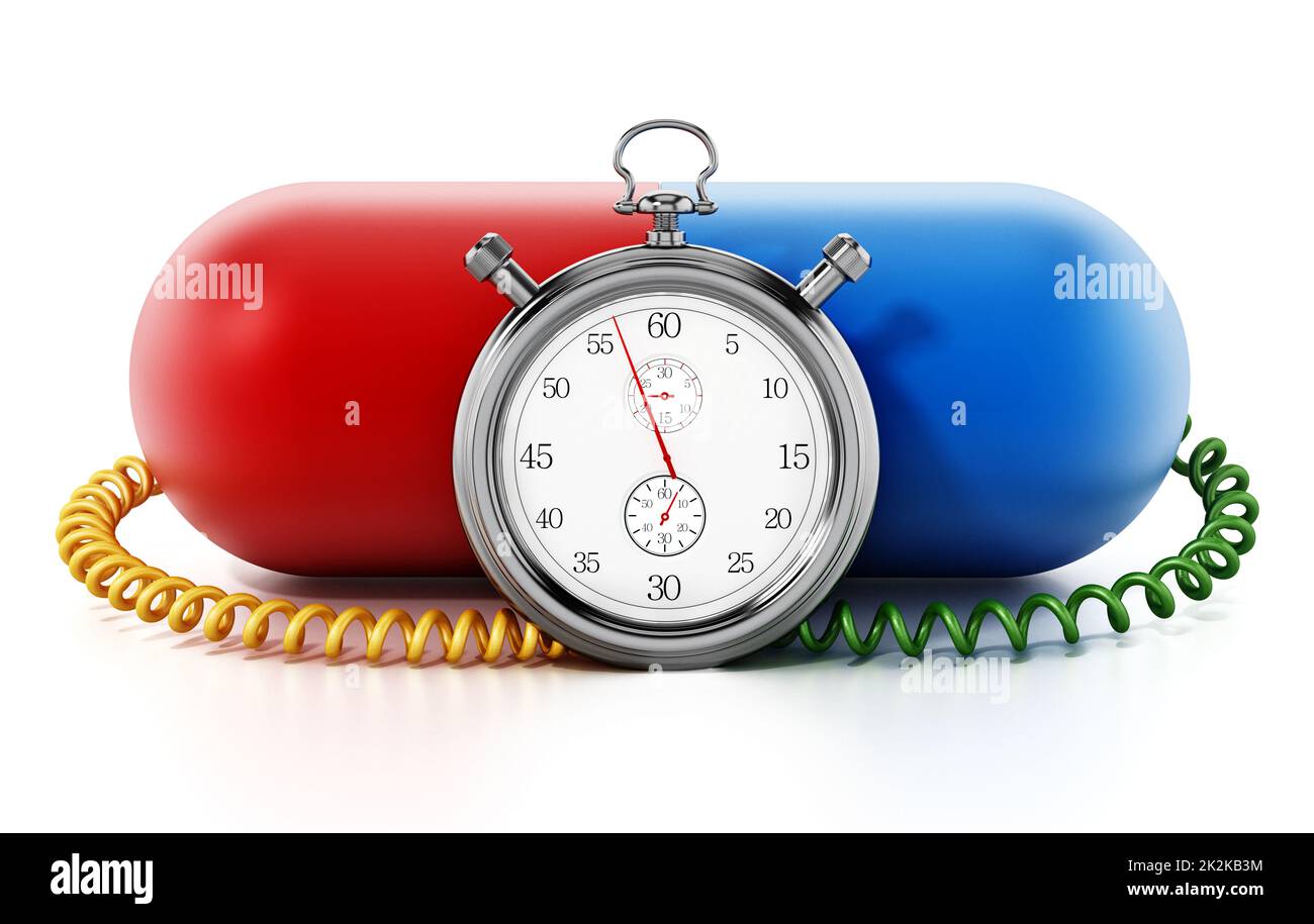 Chronometer an rote und blaue Kapselpillen befestigt. 3D Abbildung Stockfoto