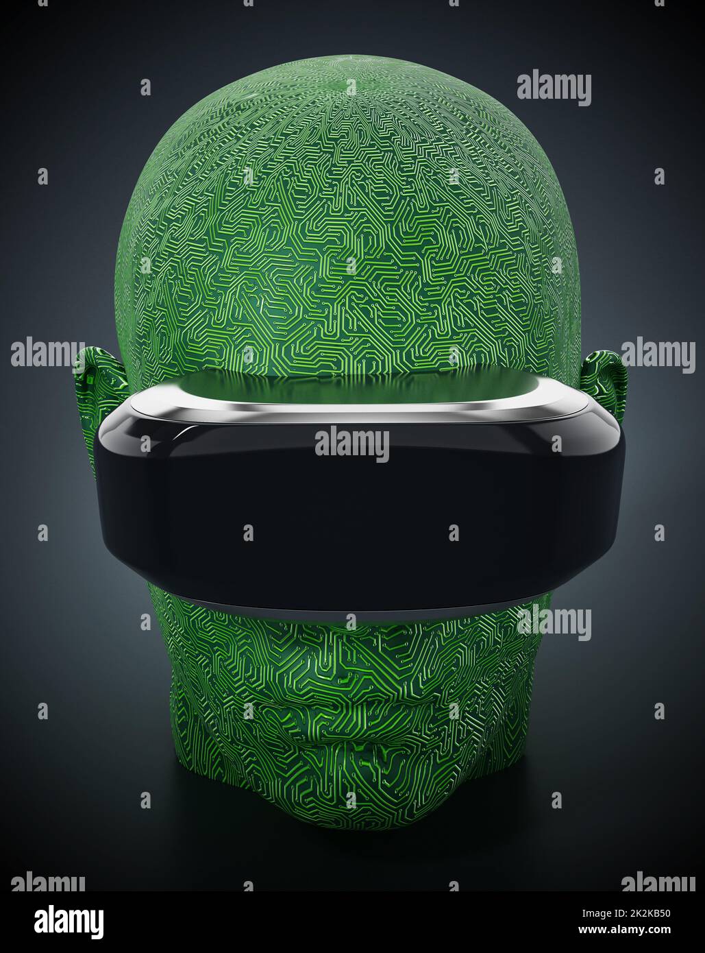 Virtual-Reality-Headset auf pcb-strukturiertem menschlichem Gesicht. 3D Abbildung Stockfoto