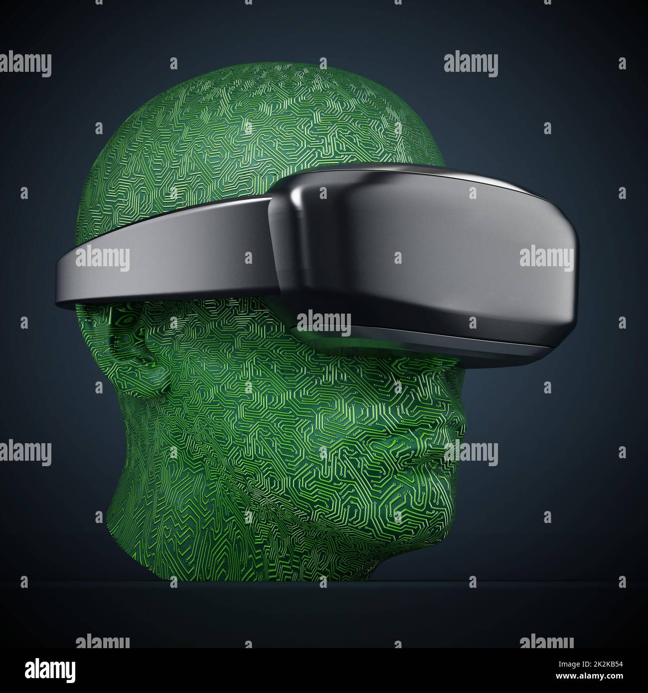 Virtual-Reality-Headset auf pcb-strukturiertem menschlichem Gesicht. 3D Abbildung Stockfoto
