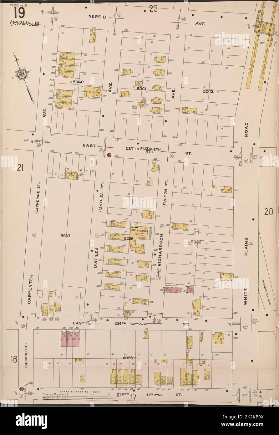 Kartografisch, Karten. 1918. Lionel Pincus und Prinzessin Firyal Map Division. Feuerversicherung , New York (Staat), Immobilien , New York (Staat), Städte und Orte , New York (Staat) Bronx, V. 18, Plate No. 19 Karte begrenzt durch Nereid Ave., White Plains Rd., E. 235. St., Karpenter Ave. Stockfoto