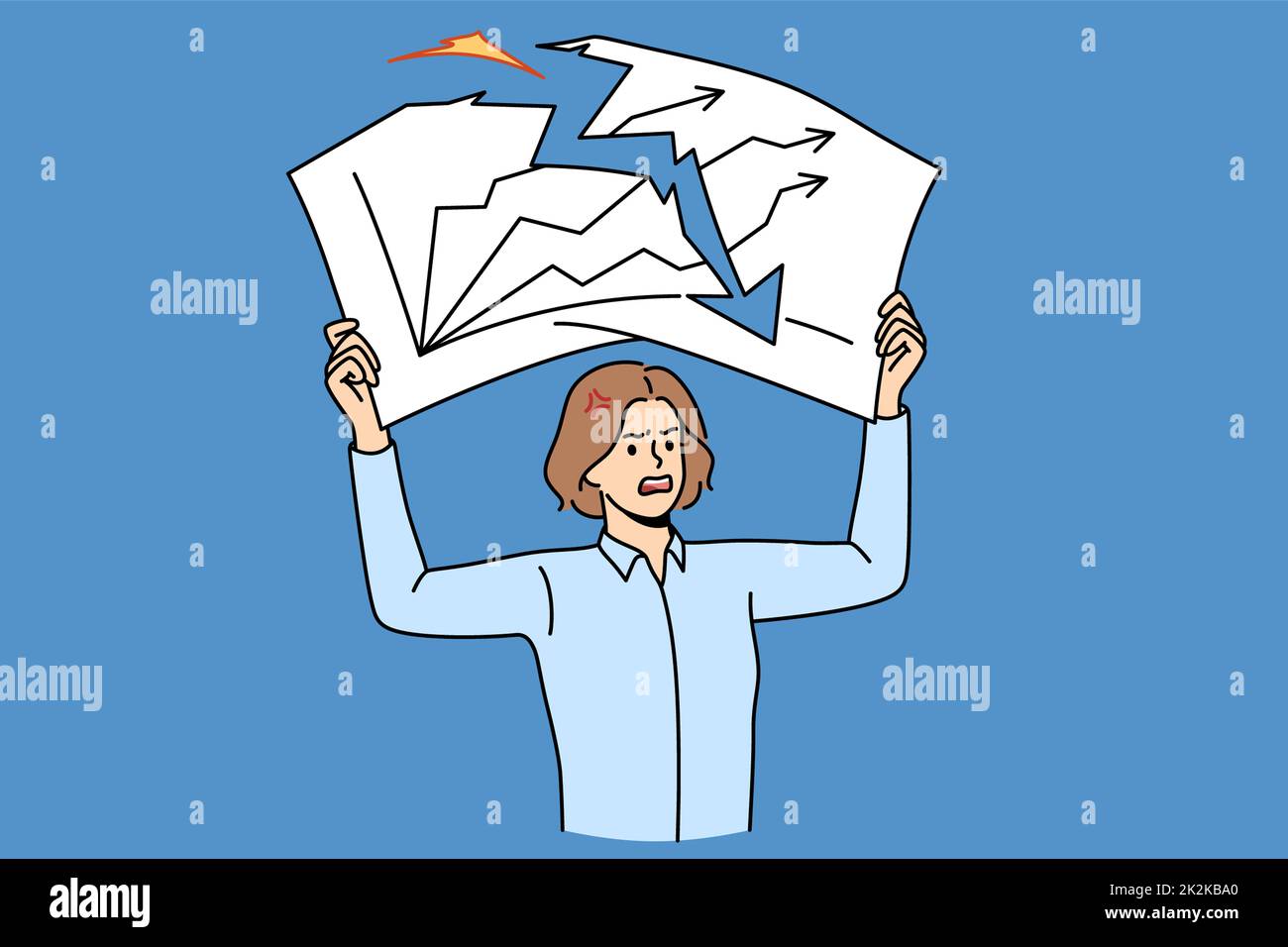 Eine wütende Geschäftsfrau, ein Dokument mit Abschwungdiagramm Stockfoto