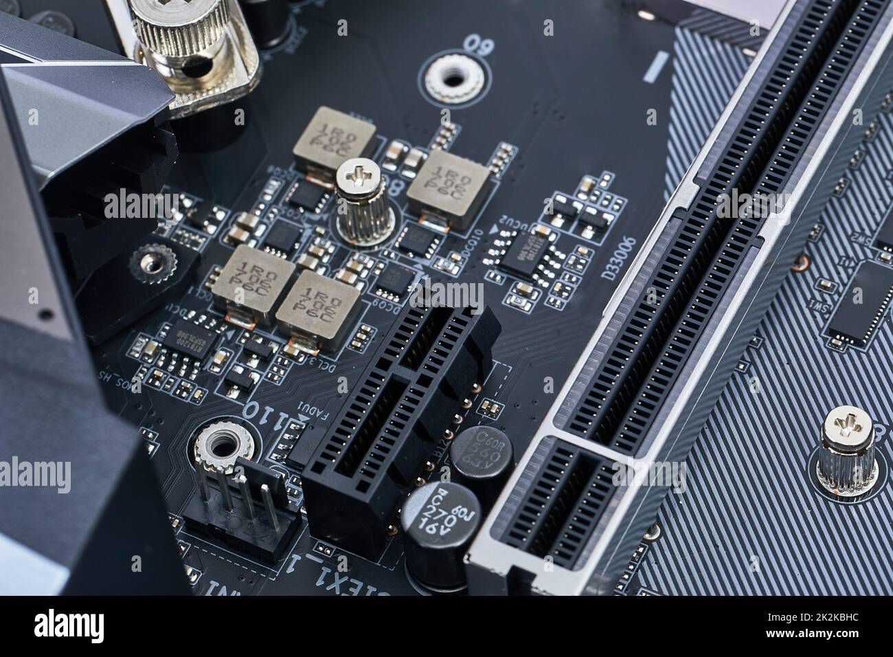 Mainboard Detail PCI-e Steckplätze für Erweiterungskarten Stockfoto
