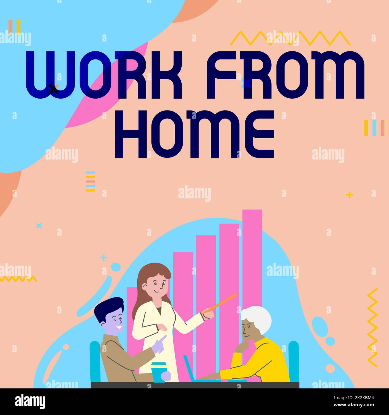 Konzeptionelle Ausstellungsarbeit von zu Hause aus. Business Approach Arbeit von Home Lady Drawing erklärt ihren Teamkollegen Prozessschritte. Stockfoto