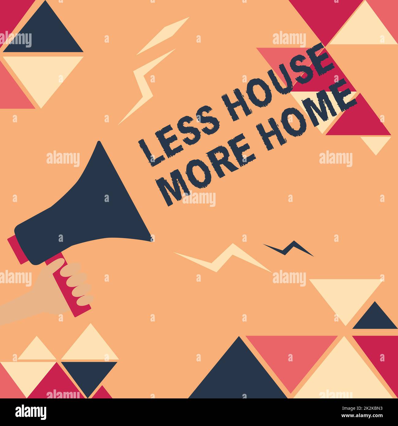 Textunterschrift präsentiert Less House More Home. Konzeptfoto Halten Sie einen warmen, komfortablen Ort zum Leben mit Familienliebe Illustration von lauten Megafonen Ankündigung an die Öffentlichkeit. Stockfoto