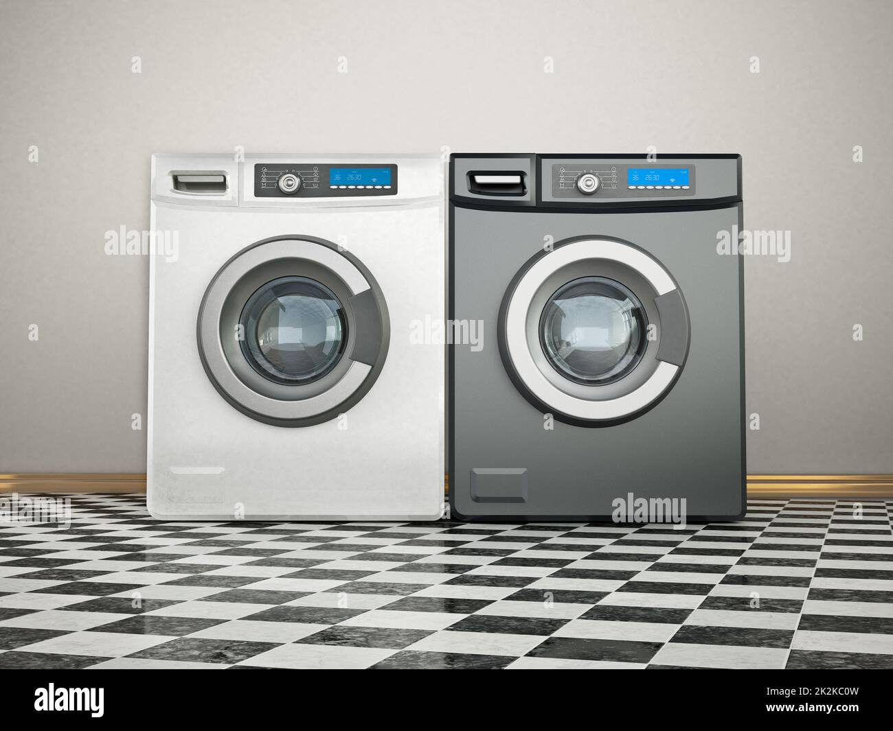 Waschmaschinen und/oder Wäschetrockner. 3D Abbildung Stockfoto