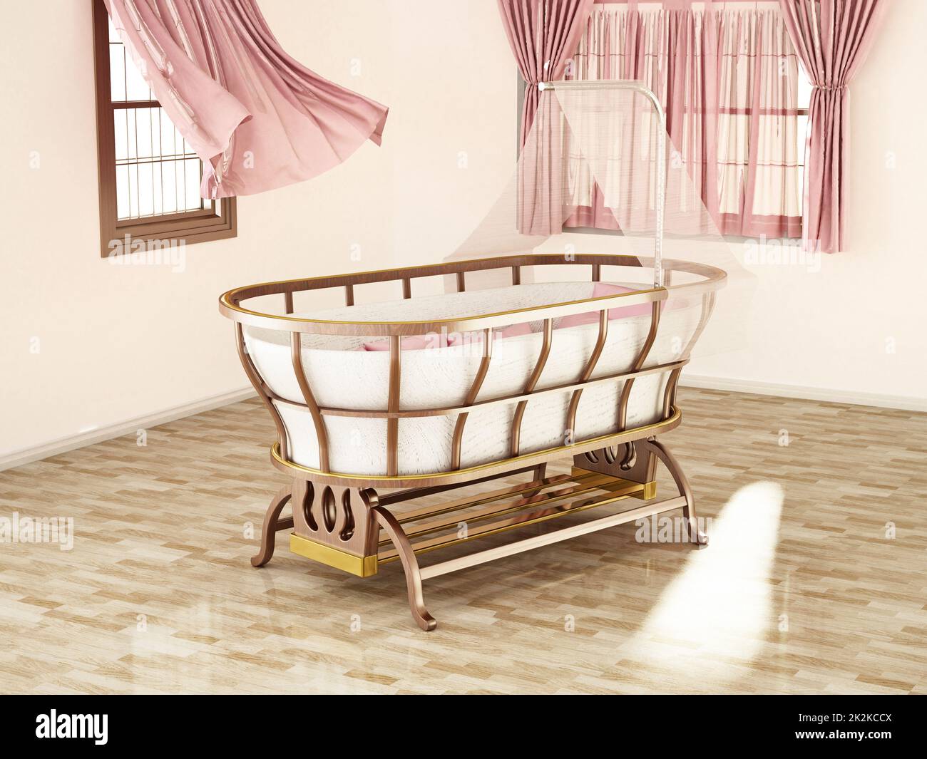 Klassisches Kinderbett, das in der Mitte des Zimmers steht. 3D Abbildung Stockfoto