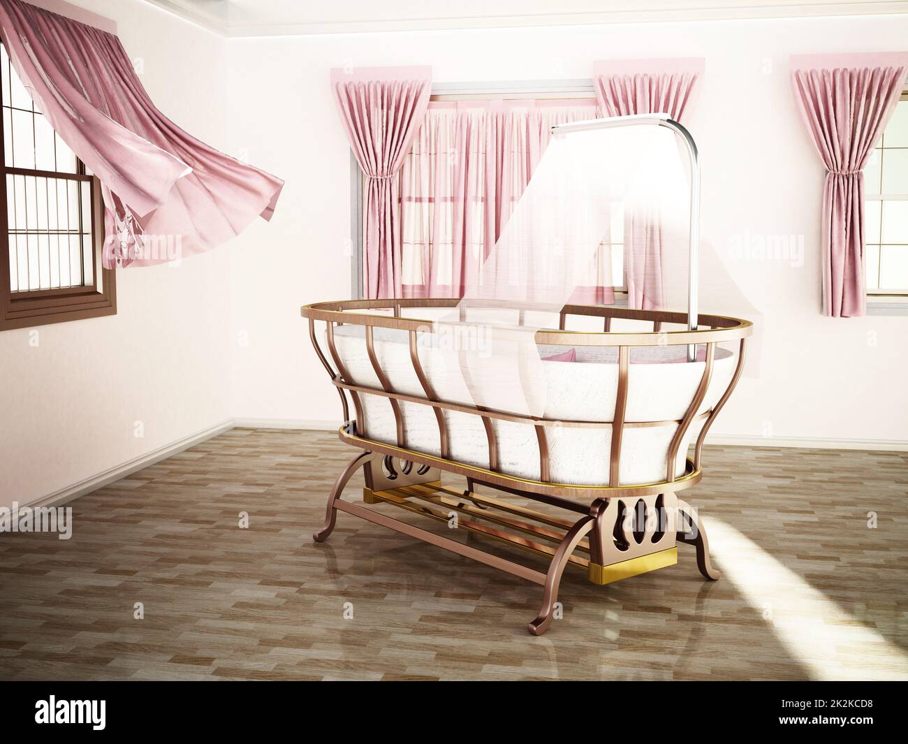Klassisches Kinderbett, das in der Mitte des Zimmers steht. 3D Abbildung Stockfoto