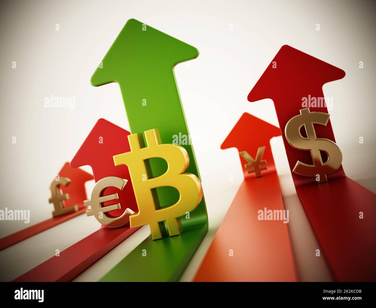 Bitmünzen-, Dollar-, Euro-, Yen- und Pfund-Symbole und aufsteigende Pfeile Stockfoto