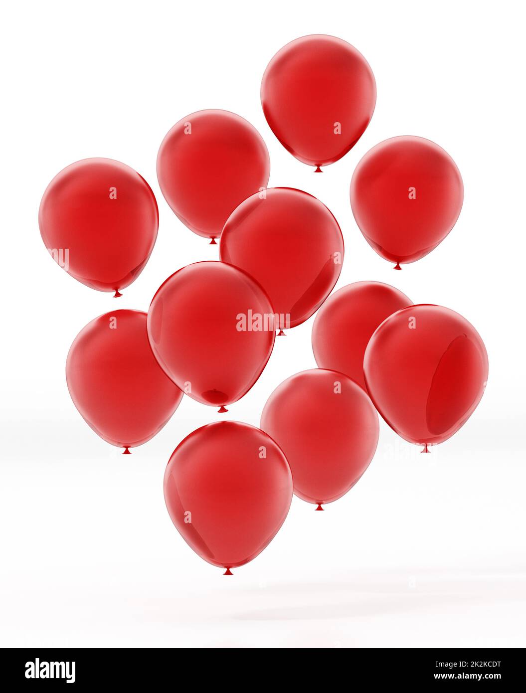 Fliegende rote Ballons isoliert auf weißem Hintergrund. 3D Abbildung Stockfoto