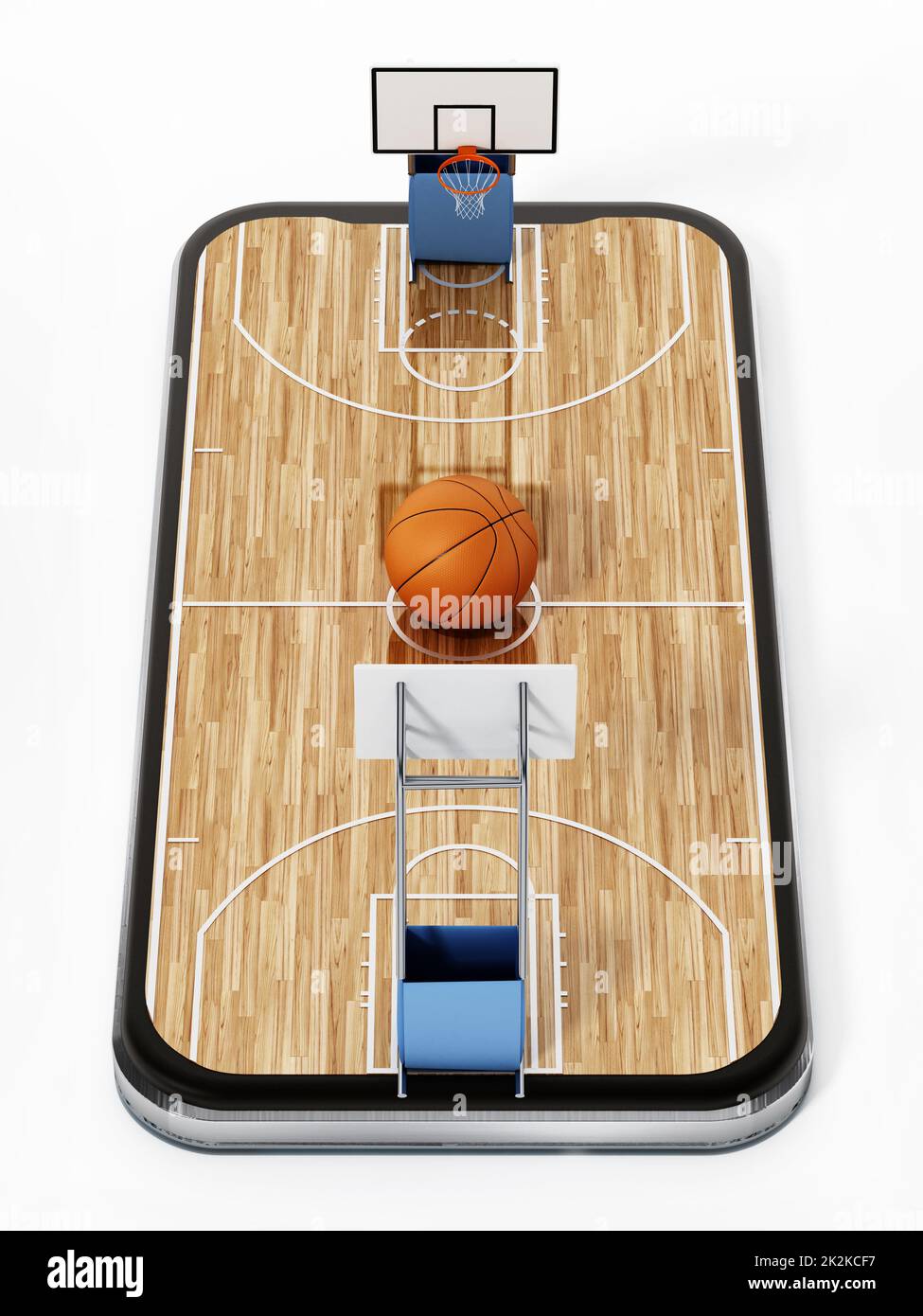 Basketballfeld auf Smartphone-Bildschirm. 3D-Rendering Stockfoto