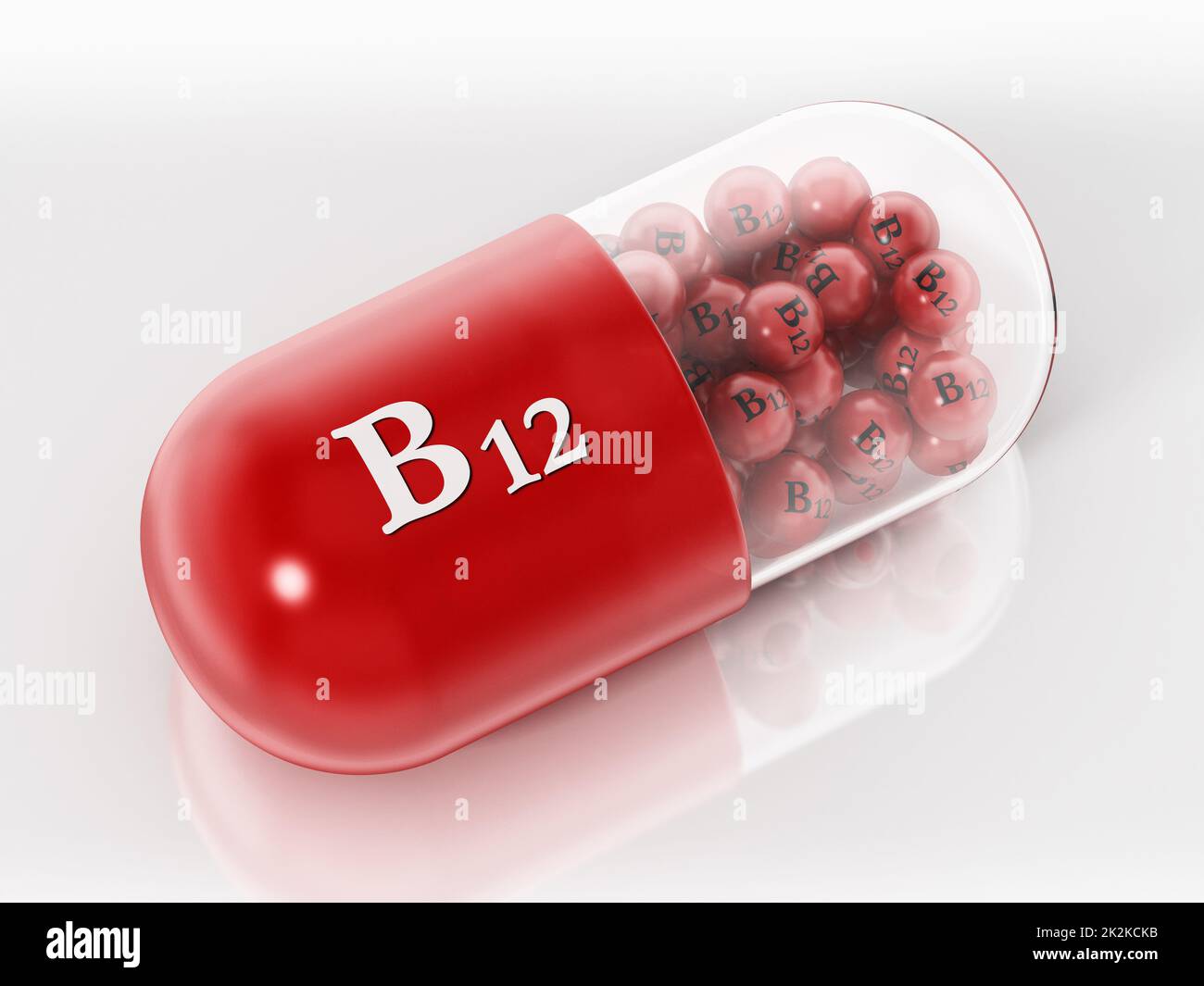 Vitamin-B12-Pille mit kleinen, auf weißem Hintergrund isolierten Kugeln. 3D Abbildung Stockfoto