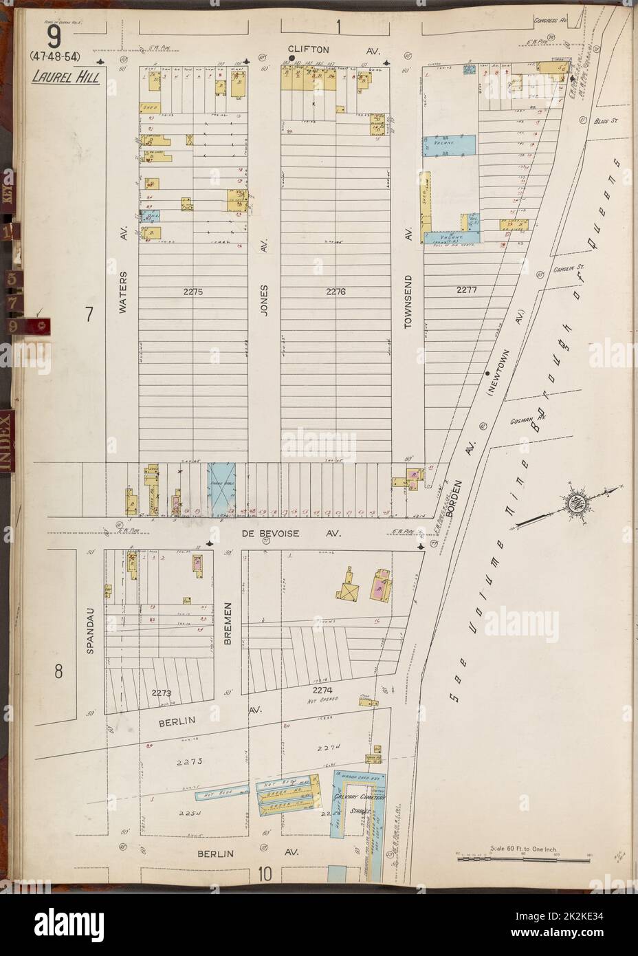 Kartografisch, Karten. 1884 - 1936. Lionel Pincus und Princess Firyal Map Division. Feuerversicherung , New York (Staat), Immobilien , New York (Staat), Städte & Orte , New York (Staat) Queens V. 3, Plate No. 9 Karte begrenzt durch Clifton Ave., Borden Ave., Berlin Ave., Waters Ave. Stockfoto