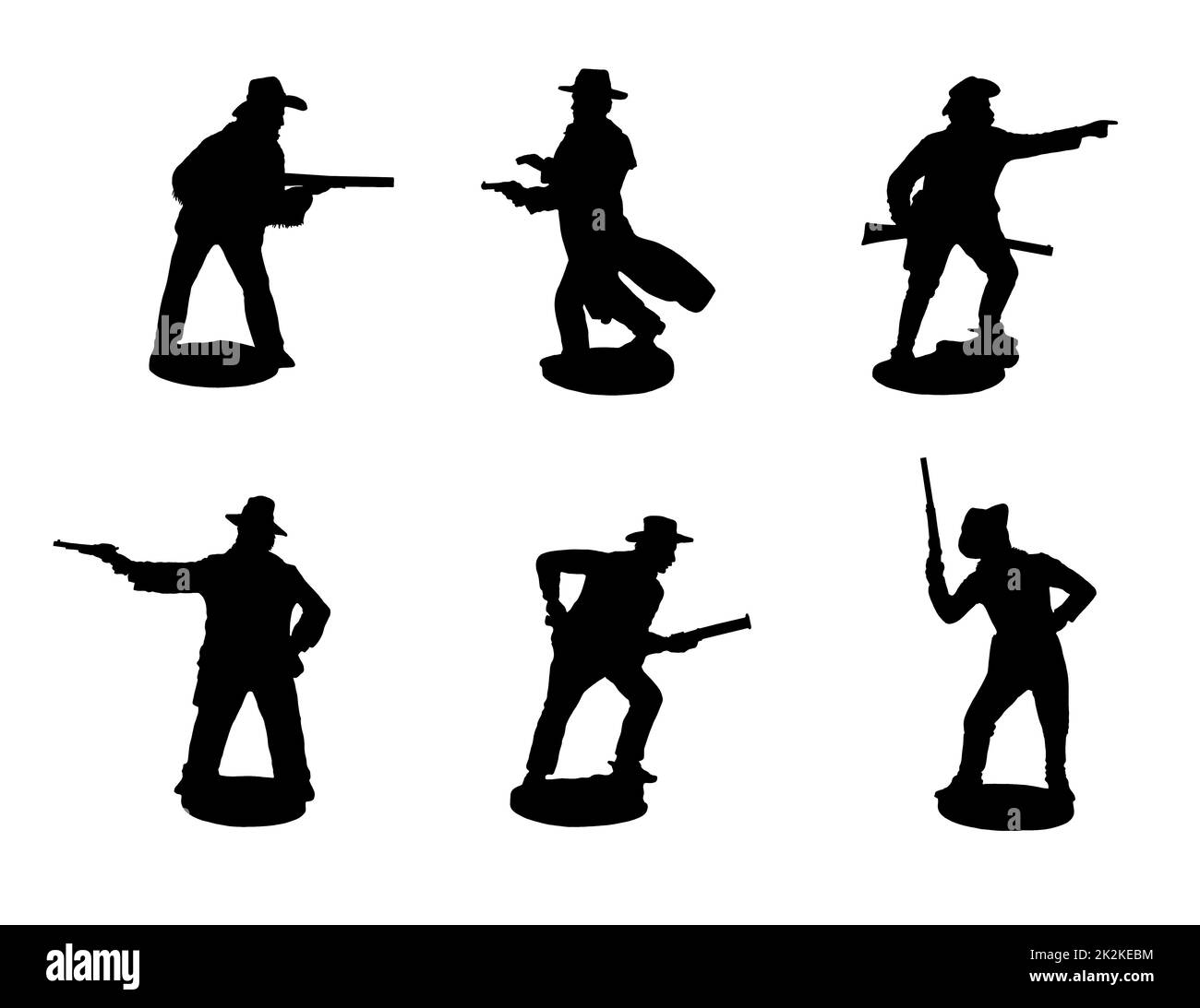 Cowboys. Gunslingers aus dem Wilden Westen in verschiedenen Posen. Silhouette mit Schütze. Stockfoto