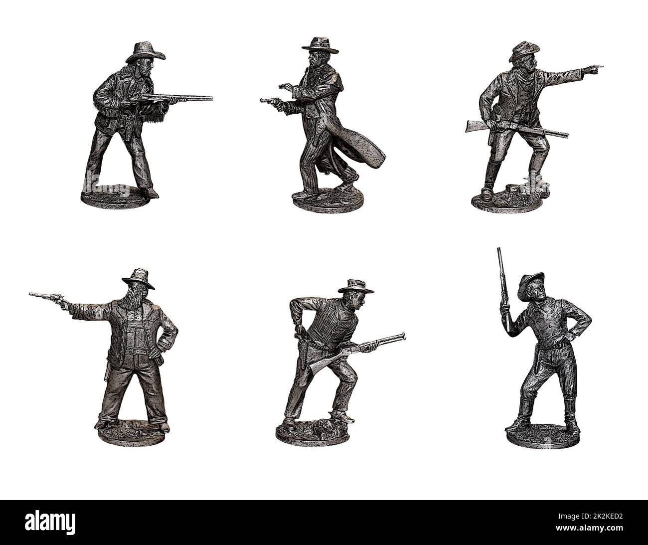 Cowboys. Gunslingers aus dem Wilden Westen in verschiedenen Posen. Foto mit Zinnfiguren. Stockfoto