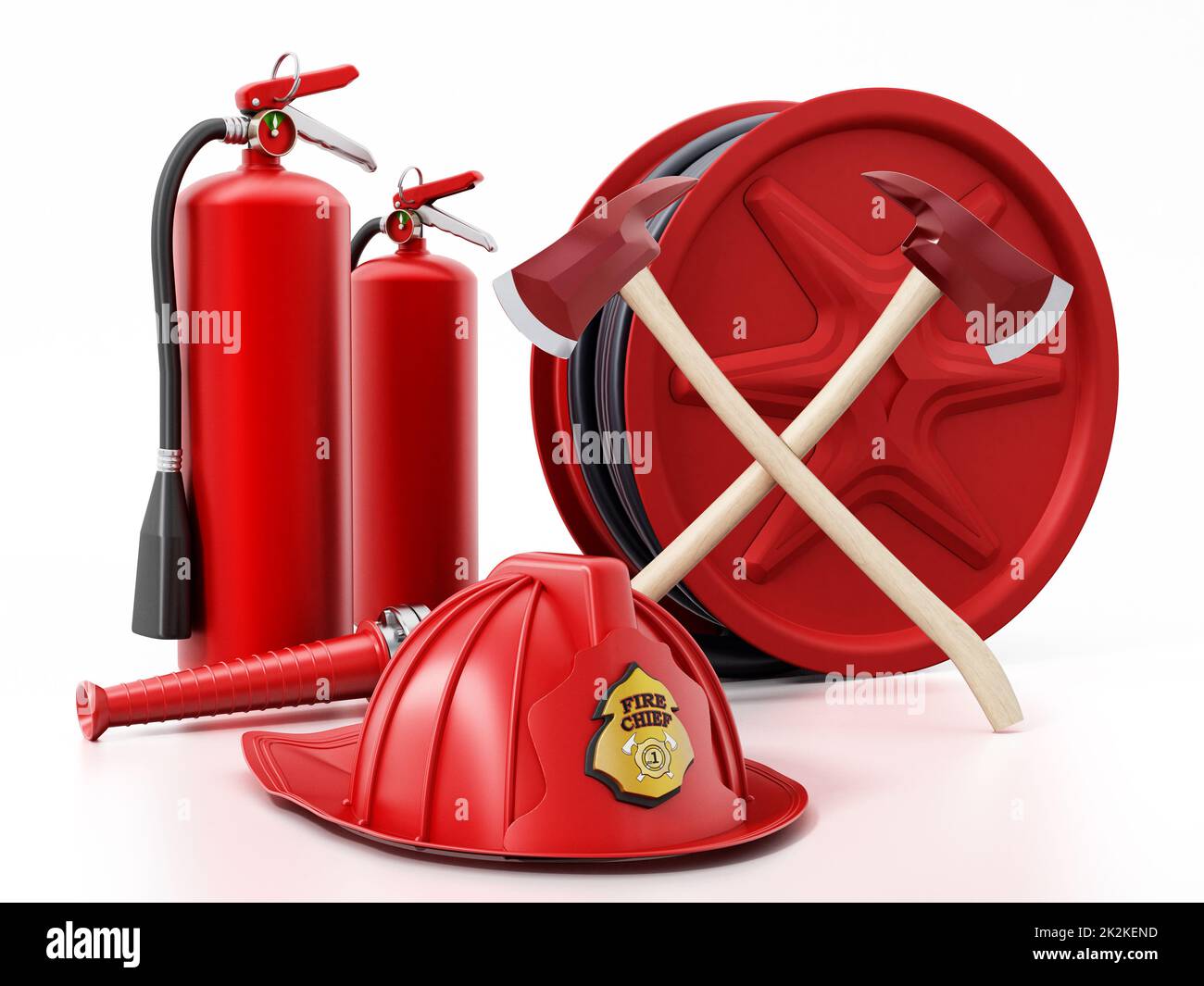 Feuerwehrhut, Schlauch, Feuerlöscher und Äxte. 3D Abbildung Stockfoto