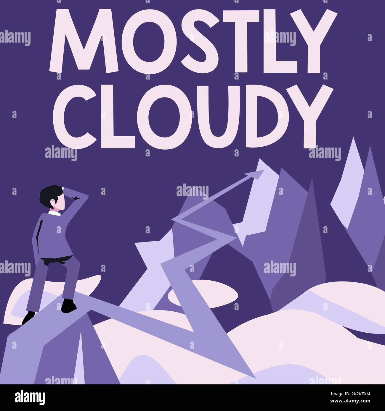 Handgeschriebenes Schild meist bewölkt. Geschäftsübersicht schattiger, dampfender Foggy Fluffy nebulöse Wolken Skyscape man sieht den Horizont-Pfeil, der auf zukünftigen Projekterfolg zeigt. Stockfoto