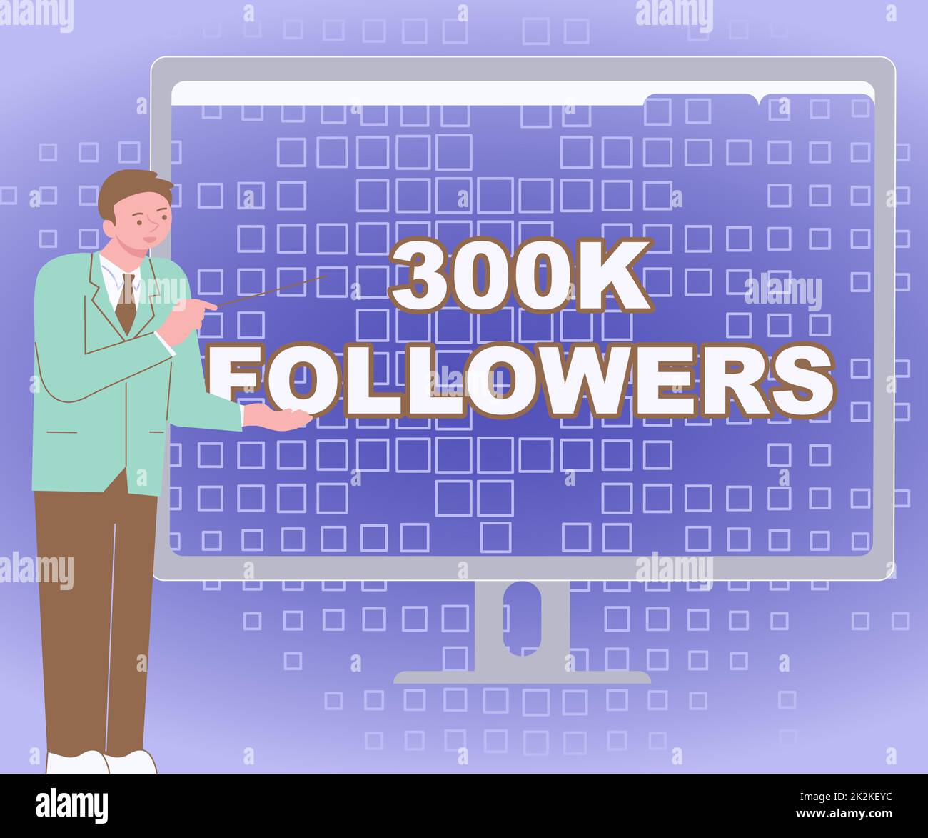 Konzeptionelle Beschriftung 300K Follower. Konzept bedeutet die Anzahl der Personen, die einem Geschäftsmann auf Instagram folgen und auf dem Computerbildschirm Charts wunderbare Ideen präsentieren Stockfoto
