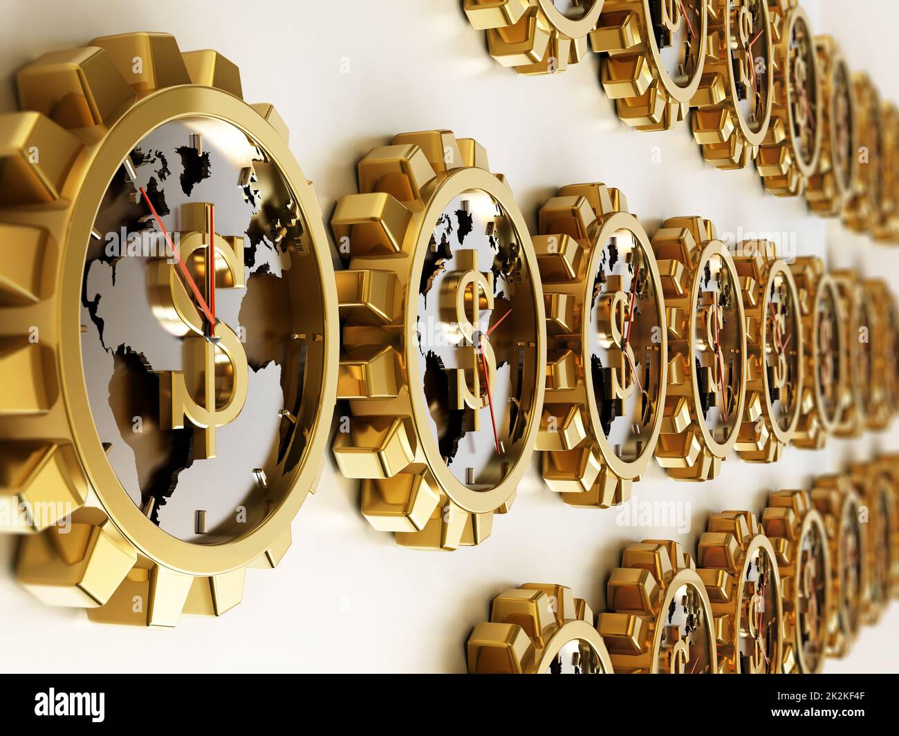 Zahnförmige Uhren mit Dollarzeichen. Erdkarte in der Mitte. 3D Abbildung Stockfoto