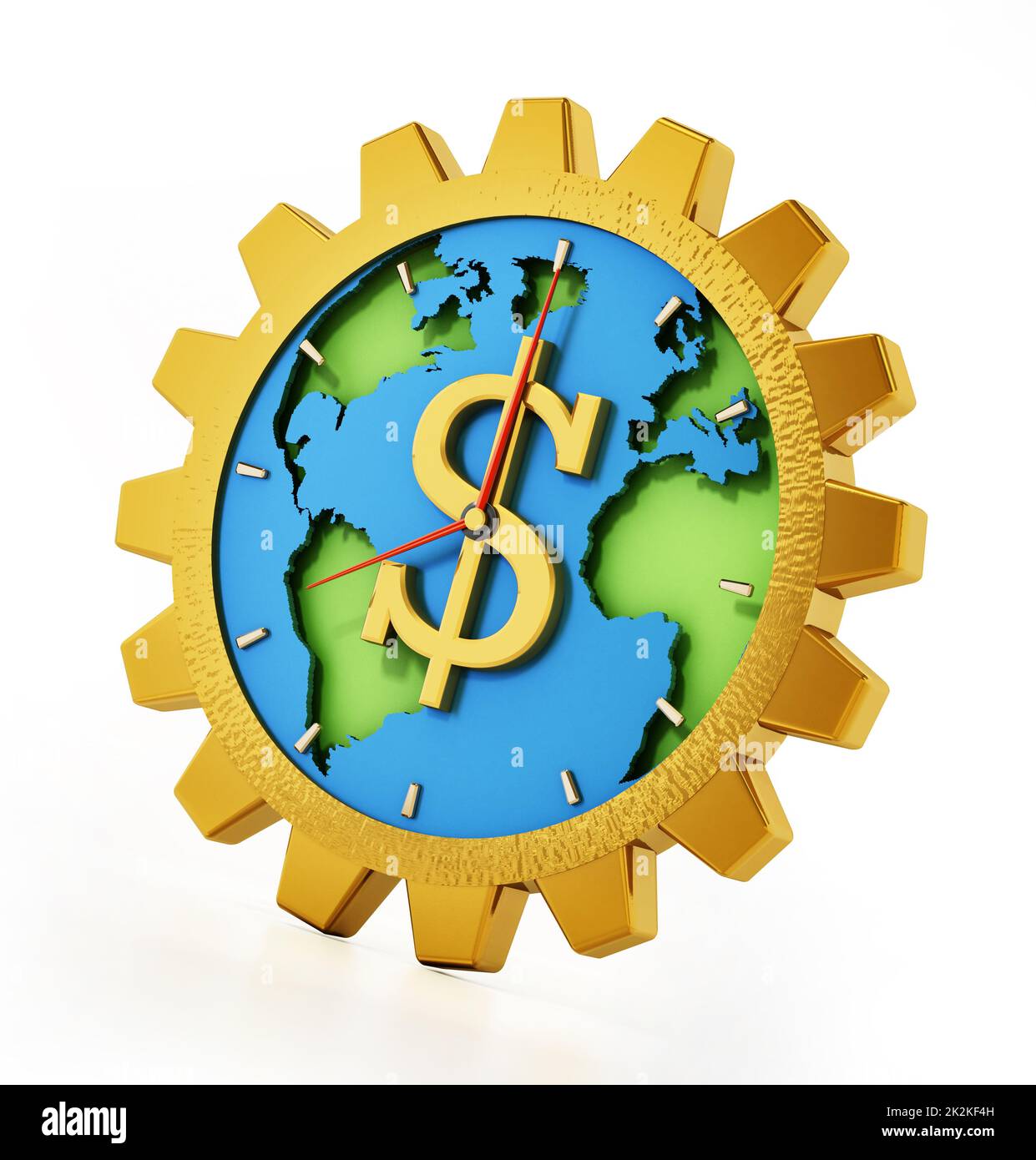 Uhr in Zahnradform mit Dollarzeichen. Erdkarte in der Mitte. 3D Abbildung Stockfoto