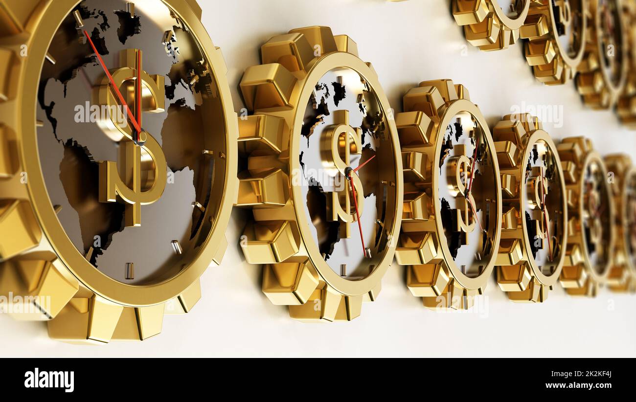 Zahnförmige Uhren mit Dollarzeichen. Erdkarte in der Mitte. 3D Abbildung Stockfoto
