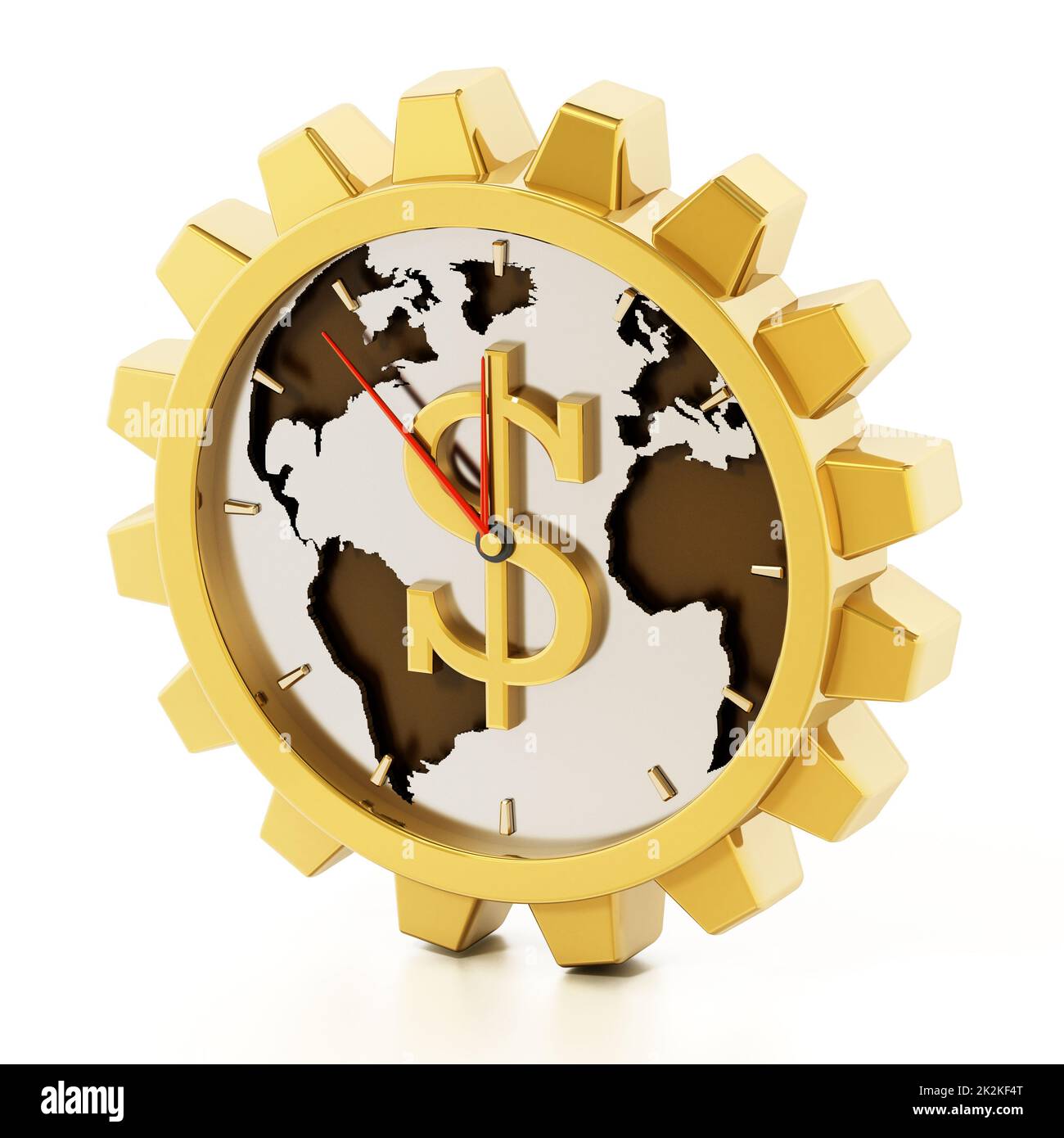 Uhr in Zahnradform mit Dollarzeichen. Erdkarte in der Mitte. 3D Abbildung Stockfoto
