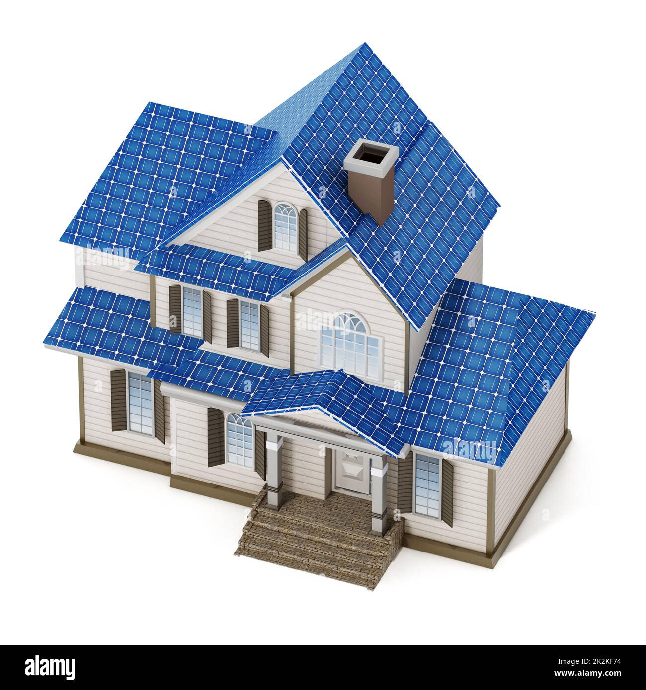 Luxuriöses Haus mit Sonnenkollektoren, die den Sonnenstrahl sammeln. 3D Abbildung Stockfoto