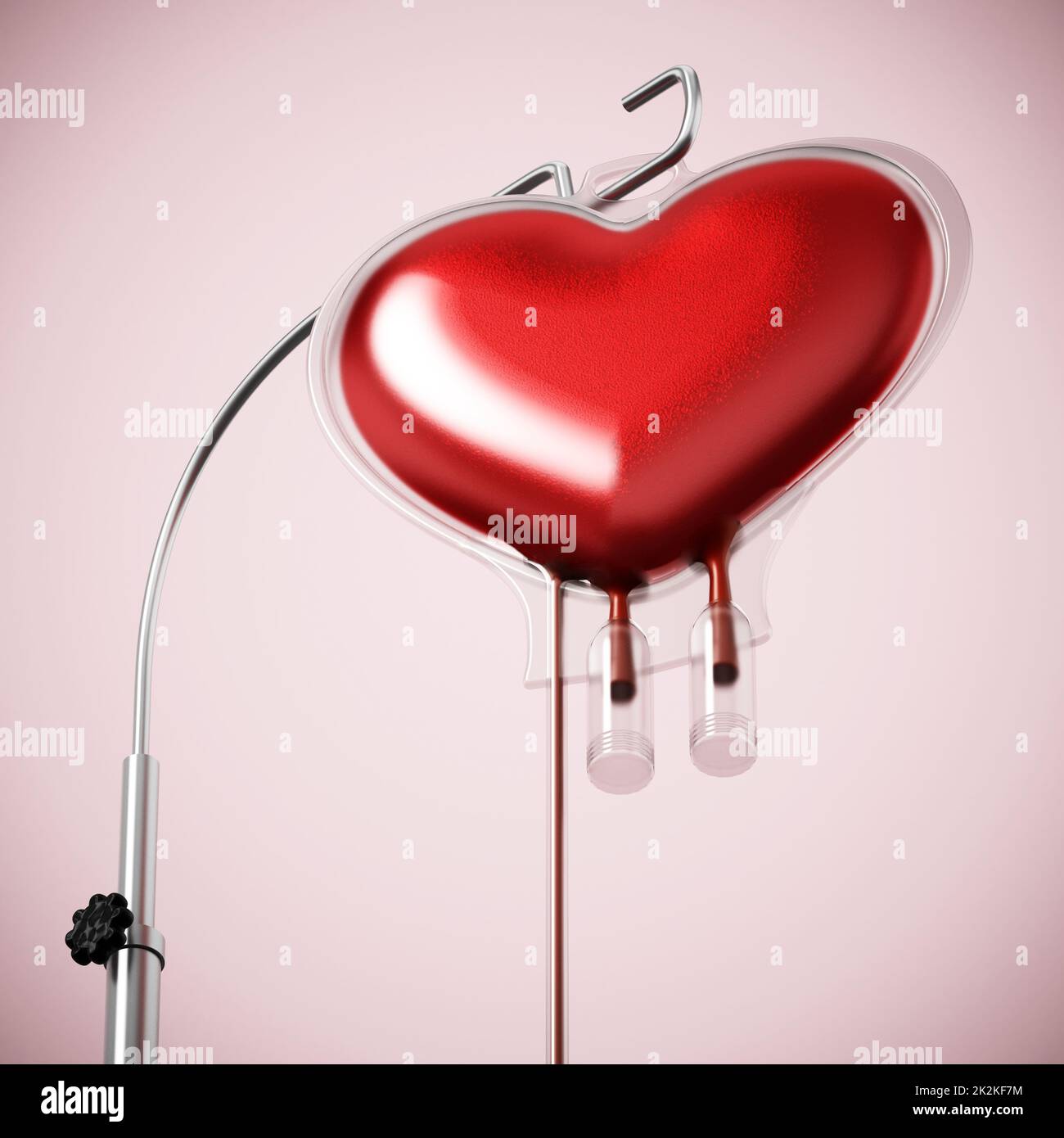 Blut in einem herzförmigen Beutel. 3D Abbildung Stockfoto