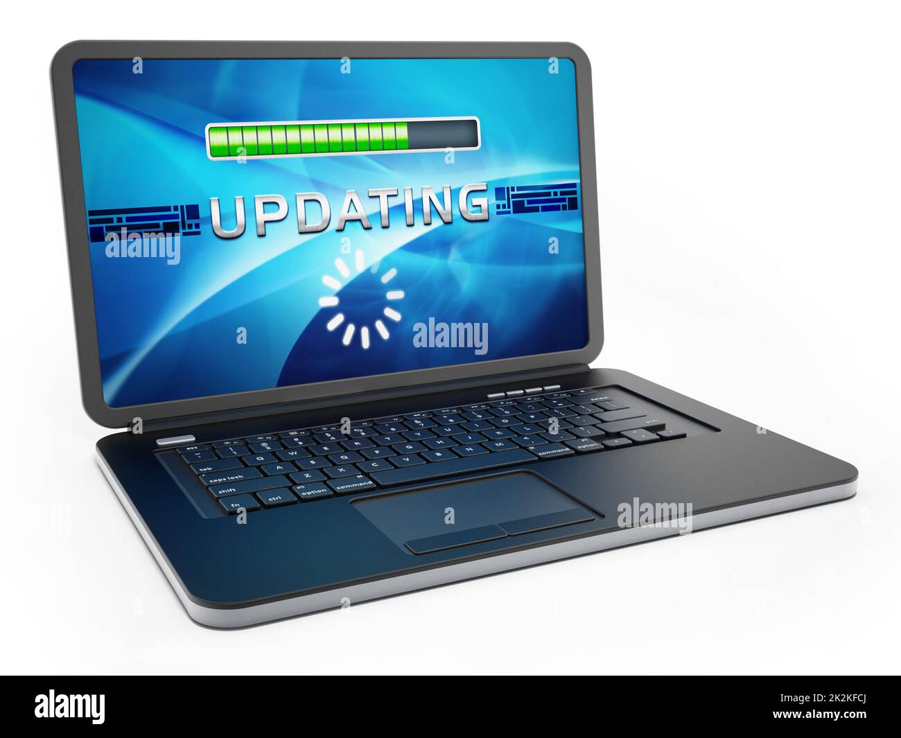Laptop-Computer mit Software-Update-Bildschirm. 3D Abbildung Stockfoto