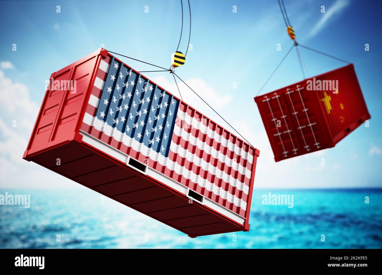 Handelskrieg-Konzept mit texturierten Frachtcontainern unter amerikanischer und chinesischer Flagge. 3D Abbildung Stockfoto
