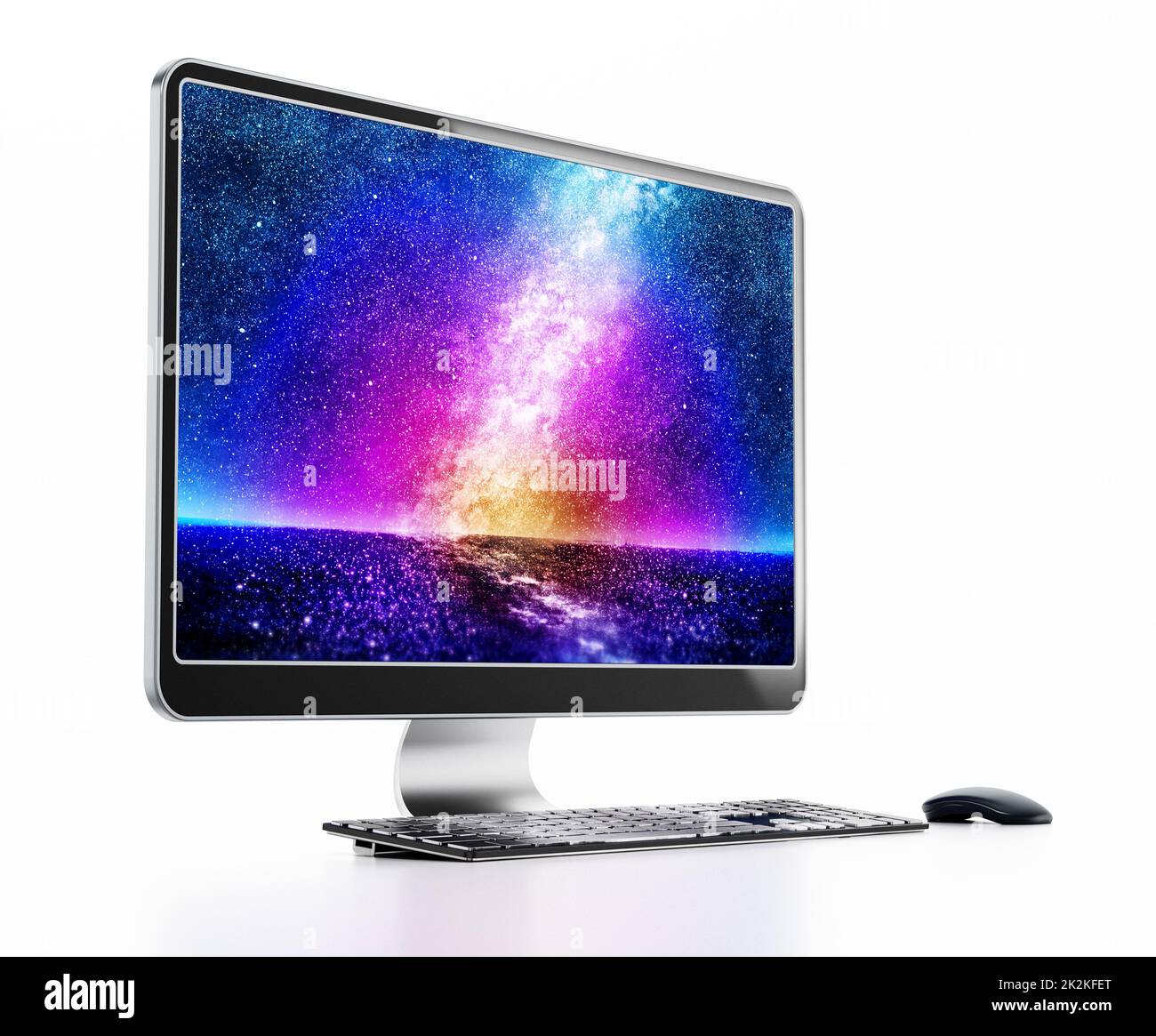 Moderner Desktop-Computer mit lebendigen Hintergrundbildern. 3D Abbildung Stockfoto