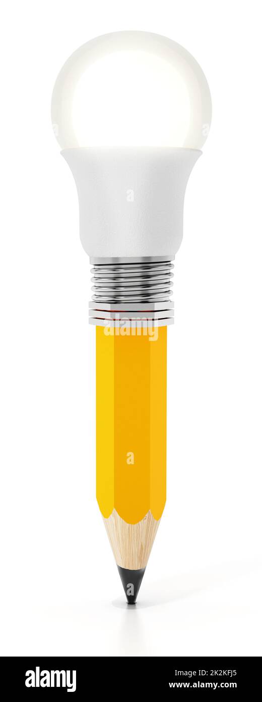 Bleistift mit gelöster Glühbirne auf weißem Hintergrund isoliert. 3D Abbildung Stockfoto