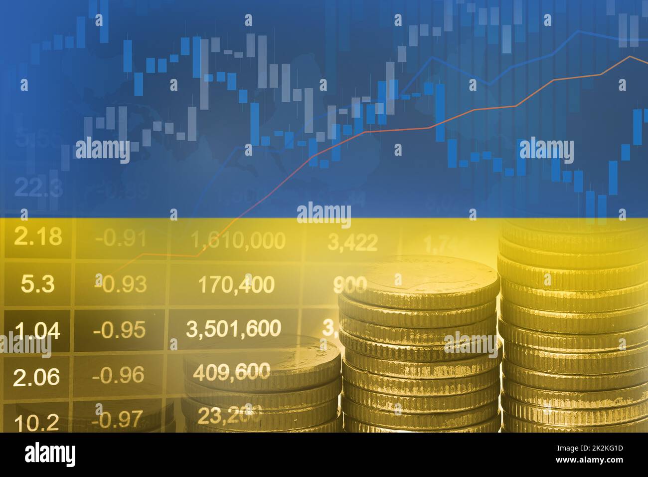 Aktienmarkt Investment Trading Finanz-, Münze und Ukraine Flagge oder Forex für die Gewinnfinanzierung Geschäft Trend Daten Hintergrund analysieren. Stockfoto