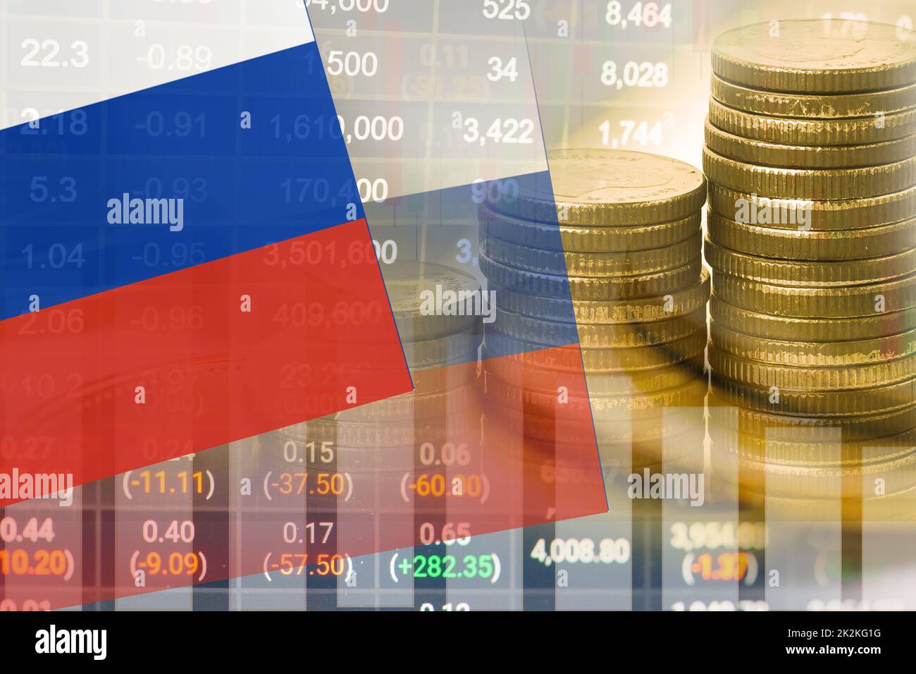 Aktienmarkt Investment Trading Finanz-, Münze und Russland Flagge oder Forex für die Analyse Gewinn Finanzierung Geschäft Trend Daten Hintergrund. Stockfoto