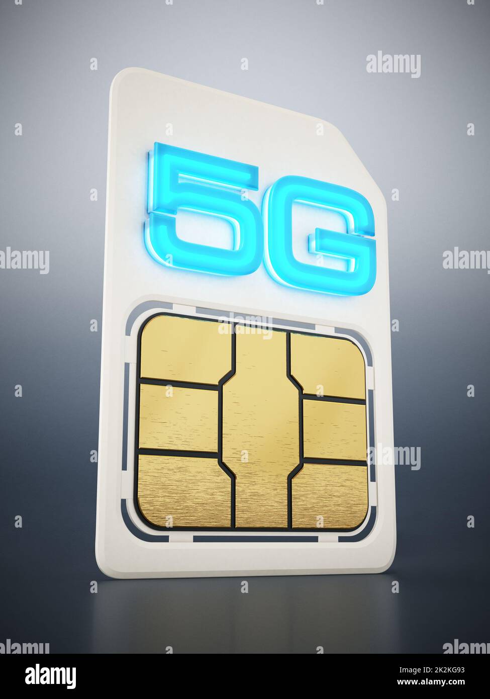 5G SIM-Karte auf grauem Hintergrund. 3D Abbildung Stockfoto