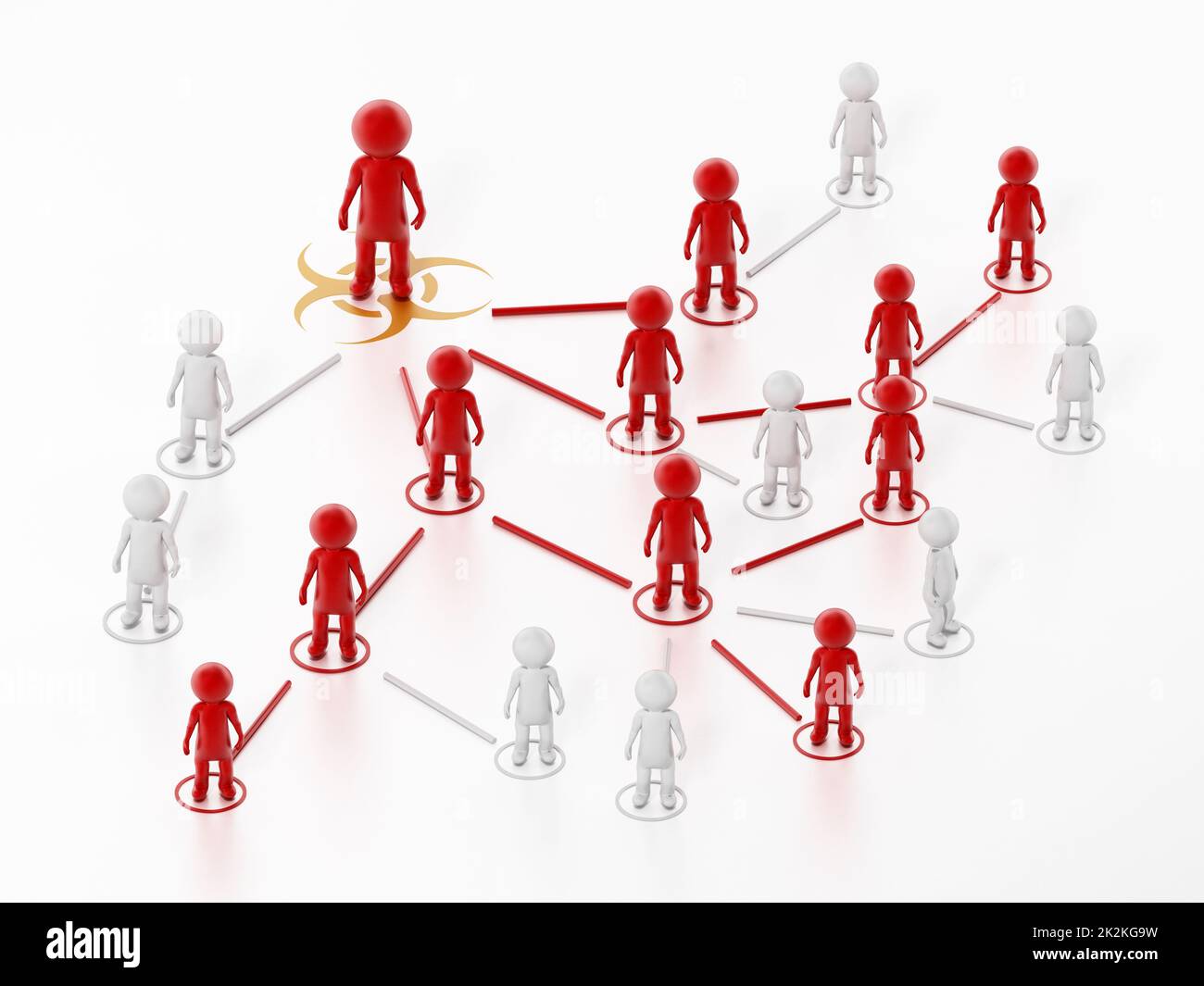 Pandemie-Diagramm, das eine Person darstellt, die viele andere Menschen infiziert. 3D Abbildung Stockfoto