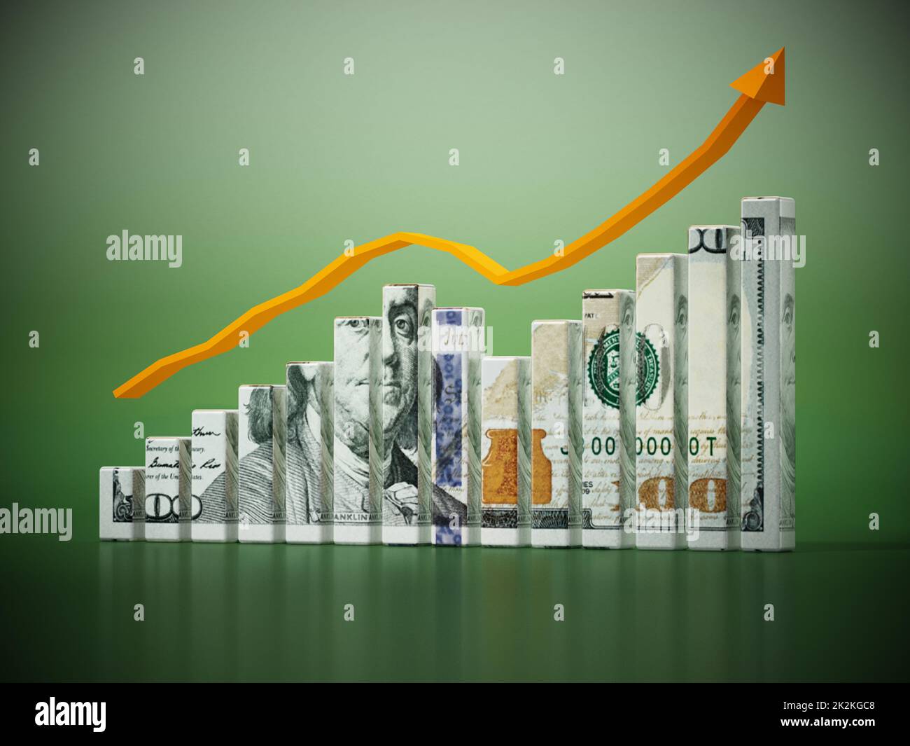 Dollar-strukturierte Balken und steigender Pfeil. 3D Abbildung Stockfoto