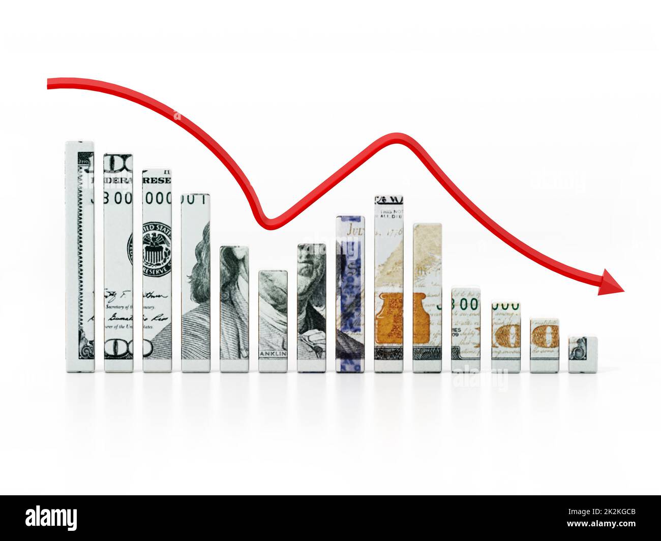 Dollar-strukturierte Stäbe und fallender Pfeil. 3D Abbildung Stockfoto