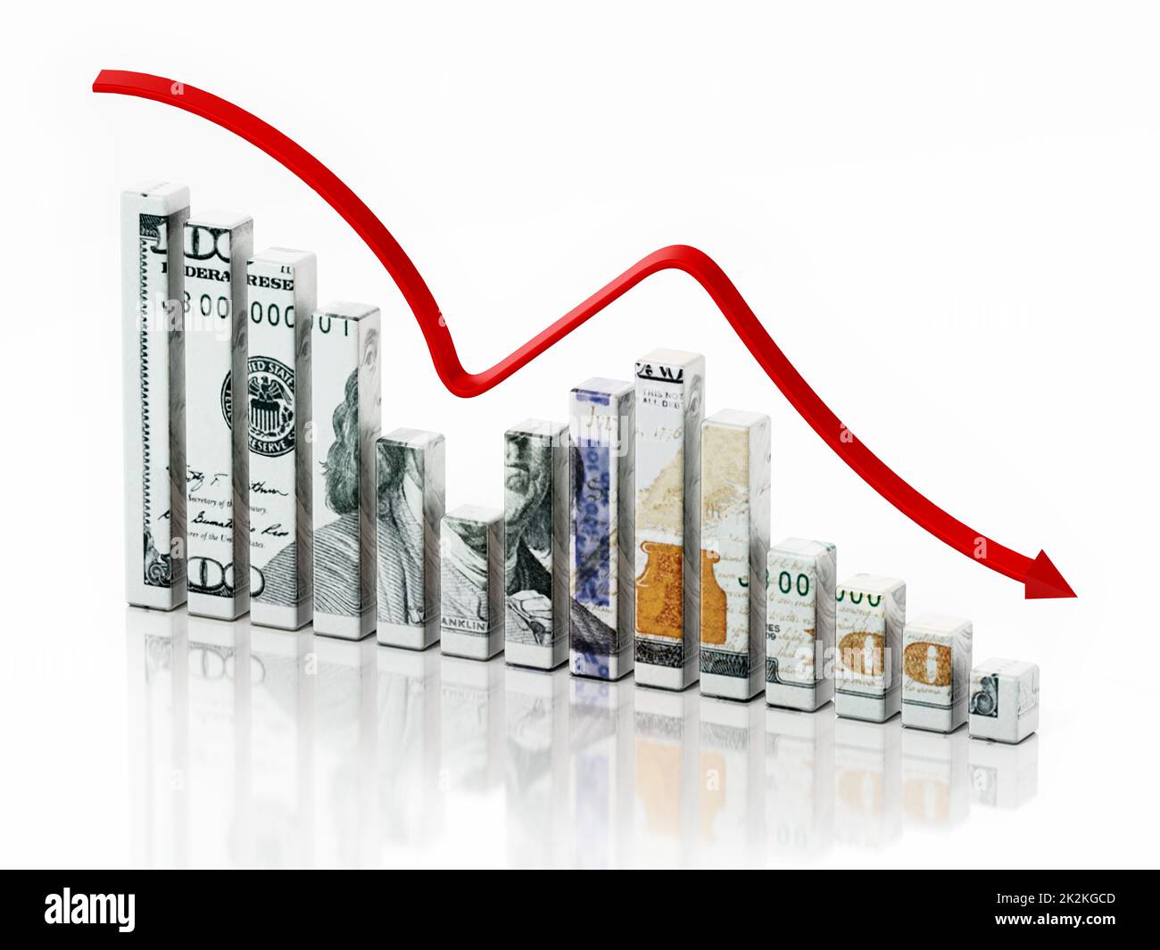 Dollar-strukturierte Stäbe und fallender Pfeil. 3D Abbildung Stockfoto