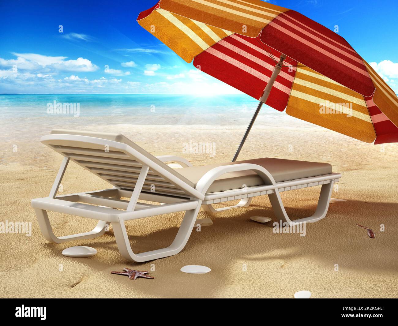 Sonnenliege und Sonnenschirm stehen am Ufer gegenüber vom Meerblick. 3D Abbildung Stockfoto