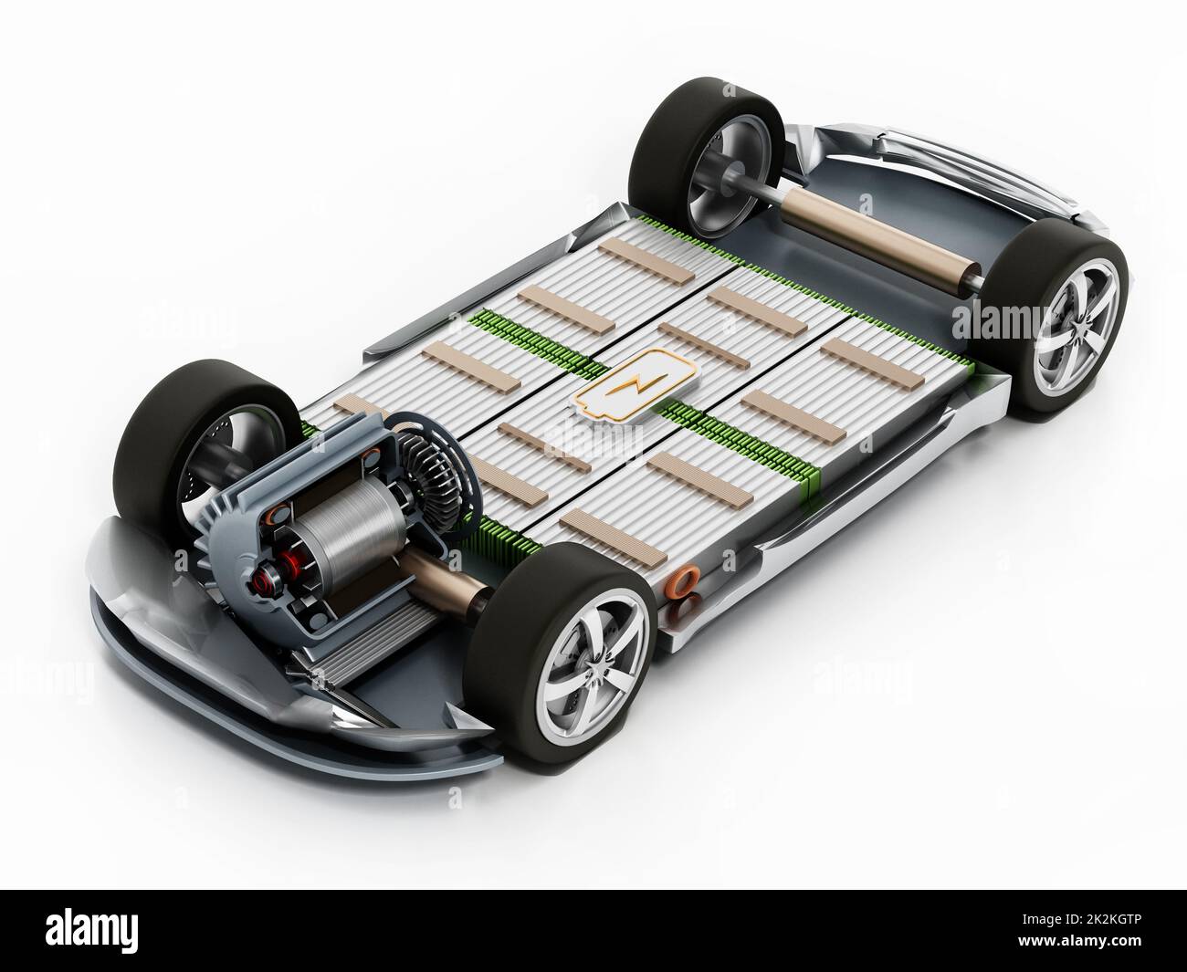 Fiktives Elektrofahrgestell mit Elektromotor und Batterien. 3D Abbildung Stockfoto