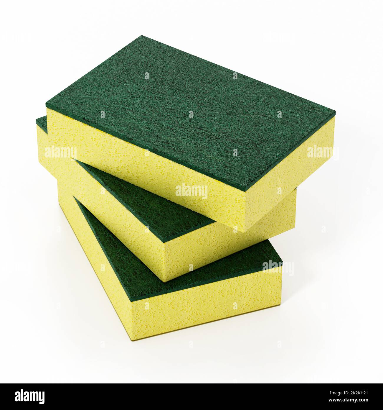 Gelbe und grüne Küchenschwämme isoliert auf weißem Hintergrund. 3D Abbildung Stockfoto