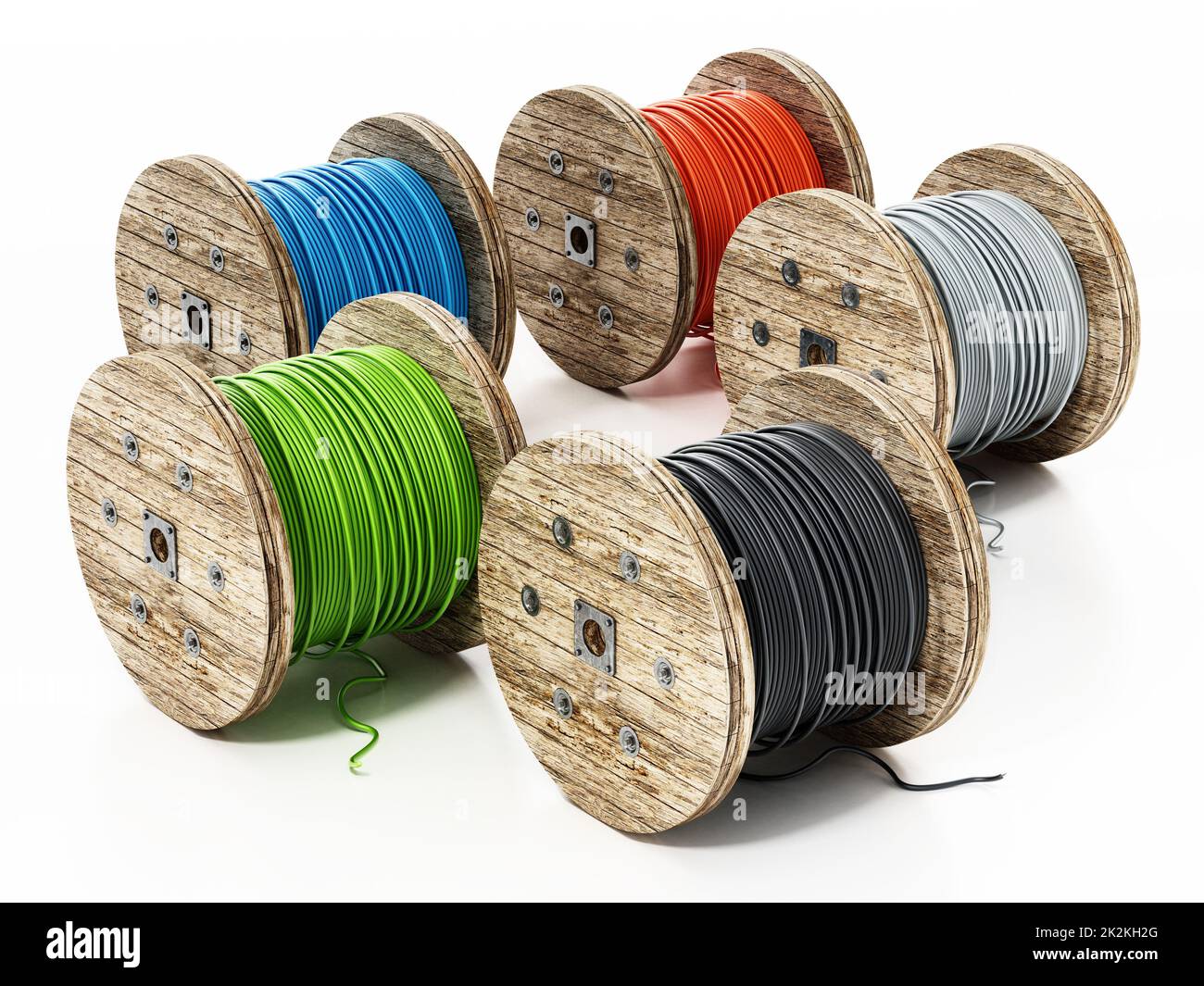 Große Spulen farbiger Kabel, isoliert auf weißem Hintergrund. 3D Abbildung Stockfoto