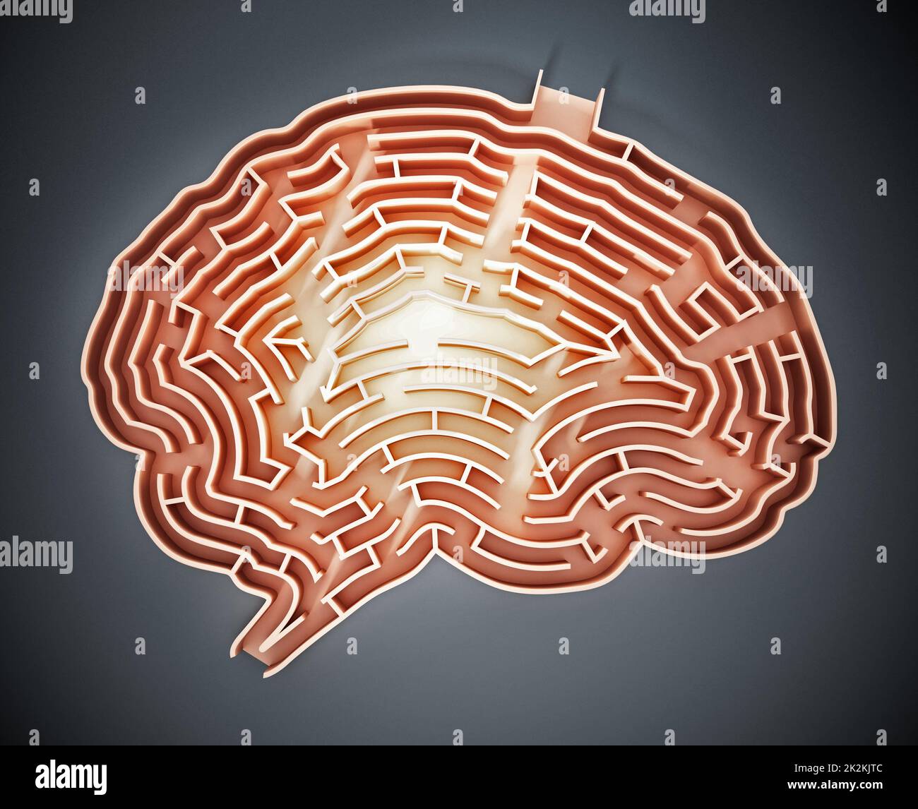 Ein hirnförmiges Labyrinth mit einem Glühen in der Mitte. 3D Abbildung Stockfoto